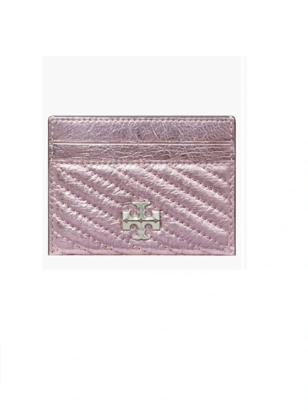 Tory Burch Leather Kira Moto Quilt Metallic Pave Logo Card Case Sparkle Pink